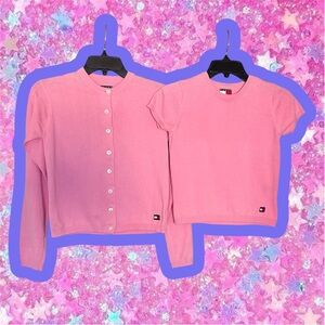 Vintage TOMMY HILFIGER Y2K Pink Cardigan Set Xs S M 90s Baby Tee Cropped